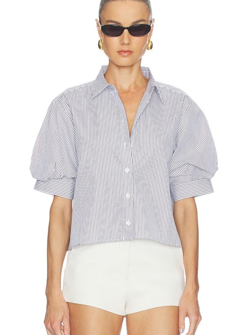 Frame The Billow Cotton Sleeve Shirt in Navy Stripe Size Small